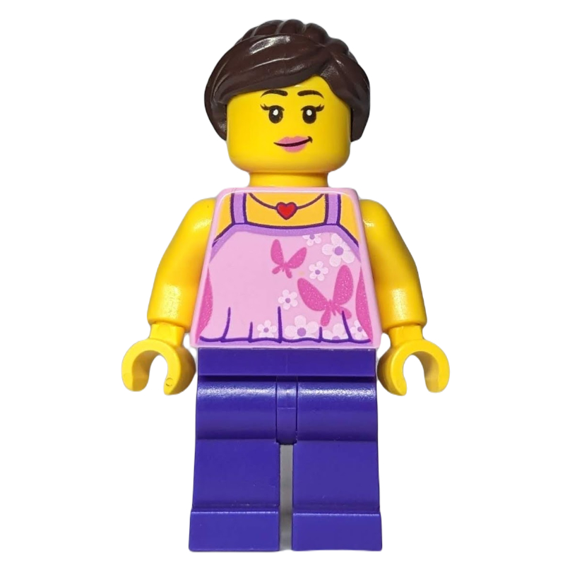 Femme, licou rose vif avec des papillons, jambes pourpre foncé (Woman, Bright Pink Halter Top with Butterflies, Dark Purple Legs)