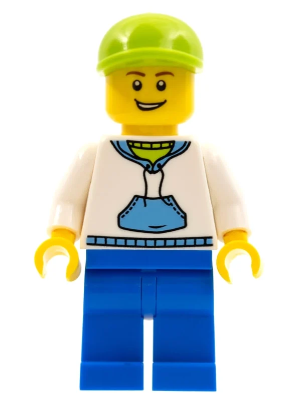 Homme, sweat à capuche blanc et bleu, jambes bleues, casquette vert citron (Man, White and Blue Hoodie, Blue Legs, Lime Cap)