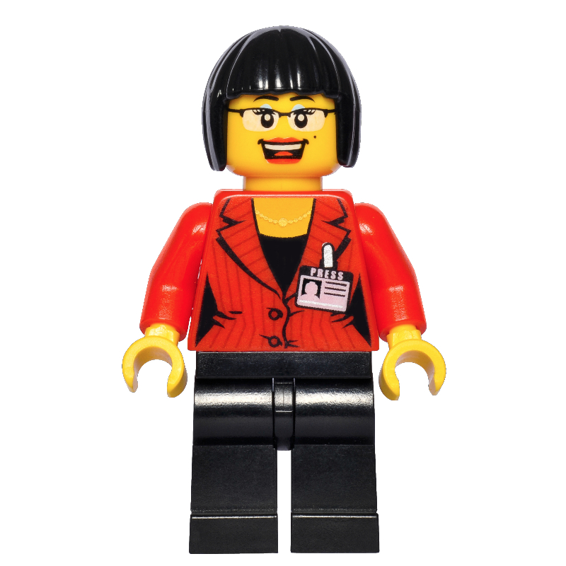 Journaliste, veste rouge avec badge nom, lunettes (Reporter, Red Jacket with Name Badge, Glasses)