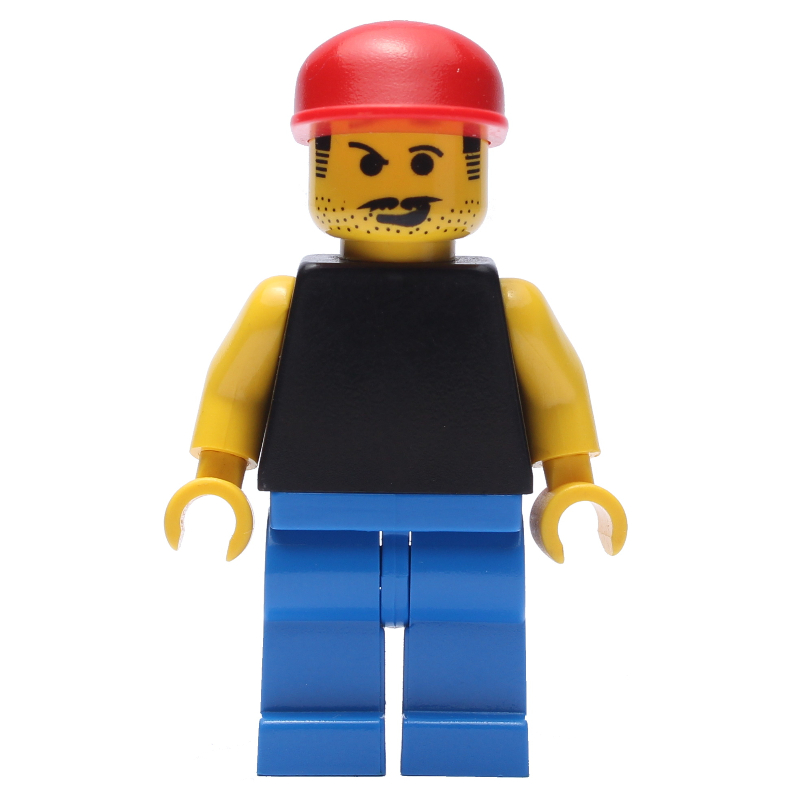 Homme - torse noir, jambes bleues, casquette rouge (Man - Black Torso, Blue Legs, Red Cap)