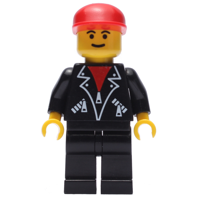 Homme, veste noire ouverte sur chemise rouge, jambes noires, casquette rouge (Man, Open Black Jacket over Red Shirt, Black Legs, Red Cap)