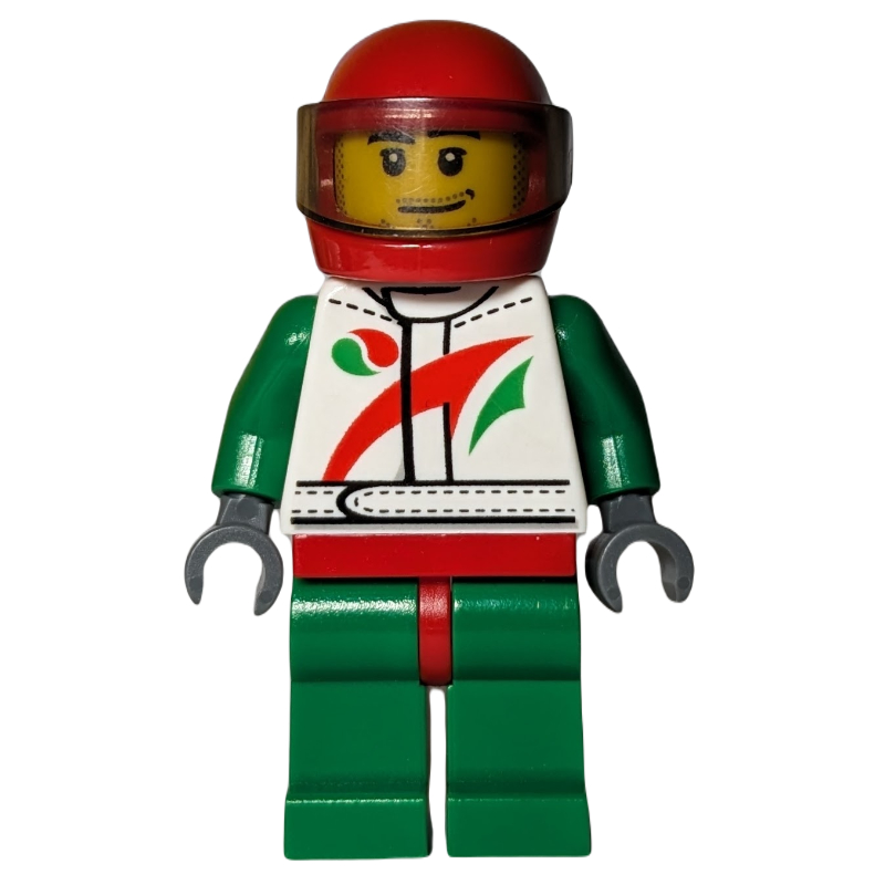Combinaison de course, blanc et vert avec logo Octan, casque rouge avec visière transparent-brun (Racer, White and Green Jumpsuit with Octan Logo, Red Helmet with Trans-Brown Visor)