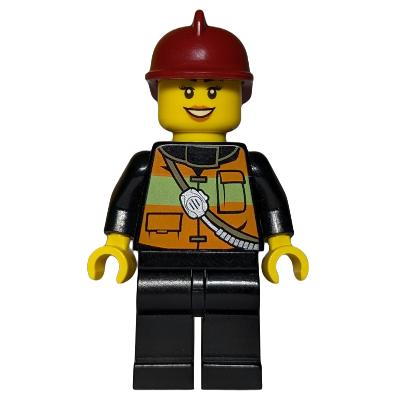Pompière, gilet de sécurité avec bretelles, casque rouge (Firewoman, Safety Vest with Shoulder Straps, Red Helmet)