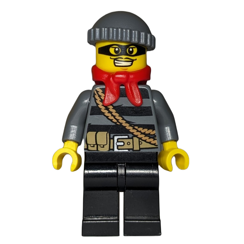 Brigand, pull rayé avec corde et ceinture, masque noir, écharpe rouge (Robber, Striped Sweater with Rope and Belt, Black Eyemask, Red Scarf)