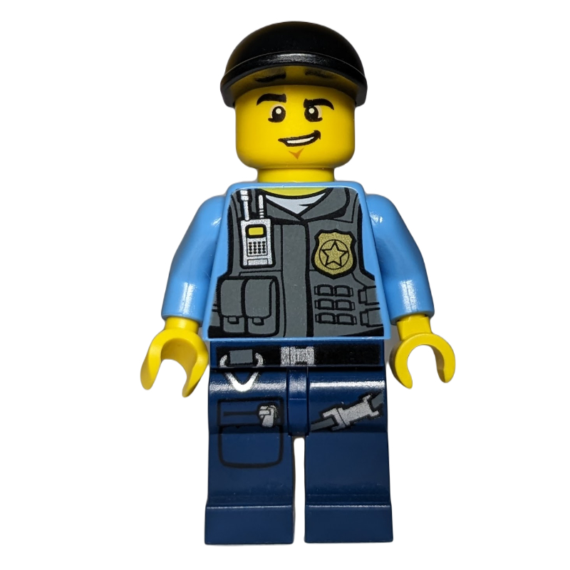 Policier, gilet avec badge, poches et radio, casquette noire (Policeman, Vest with Badge, Pockets, and Radio, Black Cap)