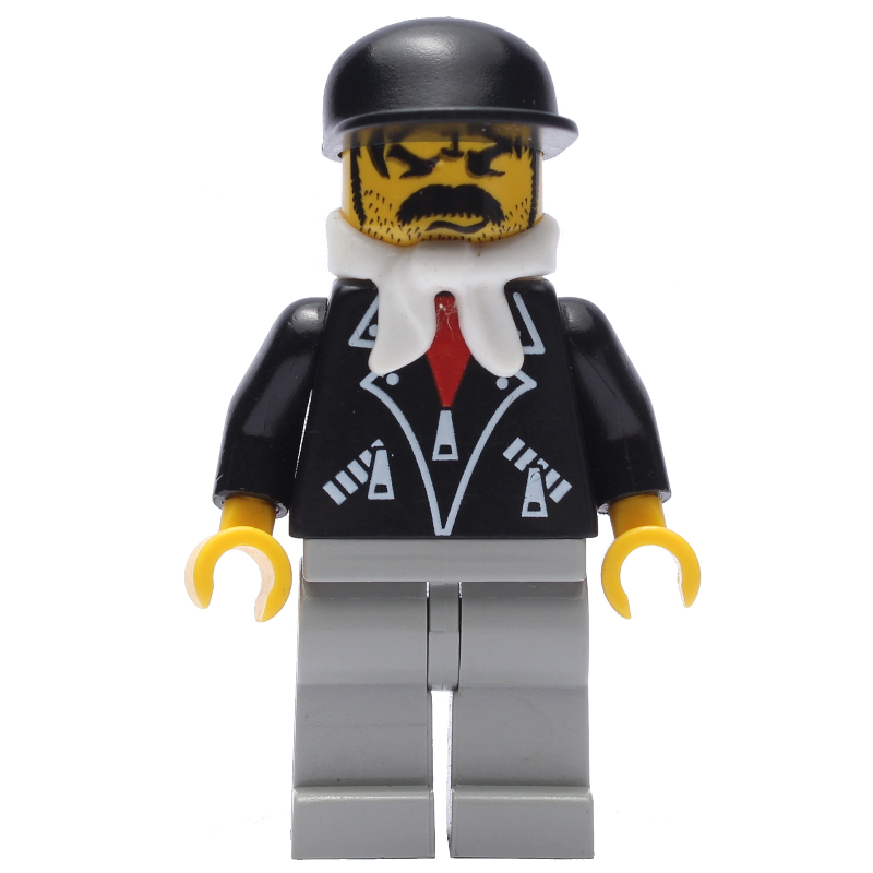 Homme - veste noire, jambes gris clair, bandana blanc, casquette noire (Man - Black Jacket, Light Gray Legs, White Bandanna, Black Cap)