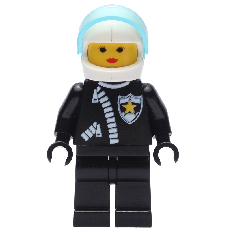 Policière, veste noire avec fermeture à glissière et badge, casque blanc avec visière bleu clair transparent (Policewoman, Black Jacket with Zipper and Badge, White Helmet with Trans-Light Blue Visor)
