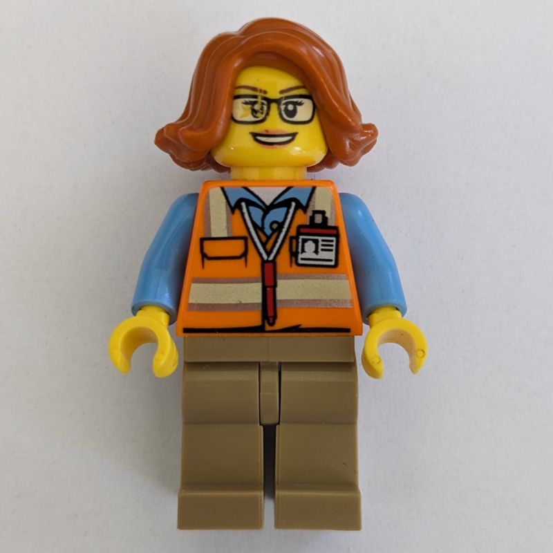 Femme, gilet de sécurité orange, jambes beige foncées, lunettes (Woman, Orange Safety Vest, Dark Tan Legs, Glasses)