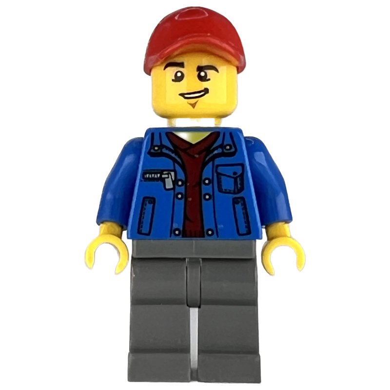 Homme, veste bleue ouverte sur chemise rouge foncé, jambes gris bleuté foncé, casquette rouge (Man, Open Blue Jacket over Dark Red Shirt, Dark Bluish Gray Legs, Red Cap)