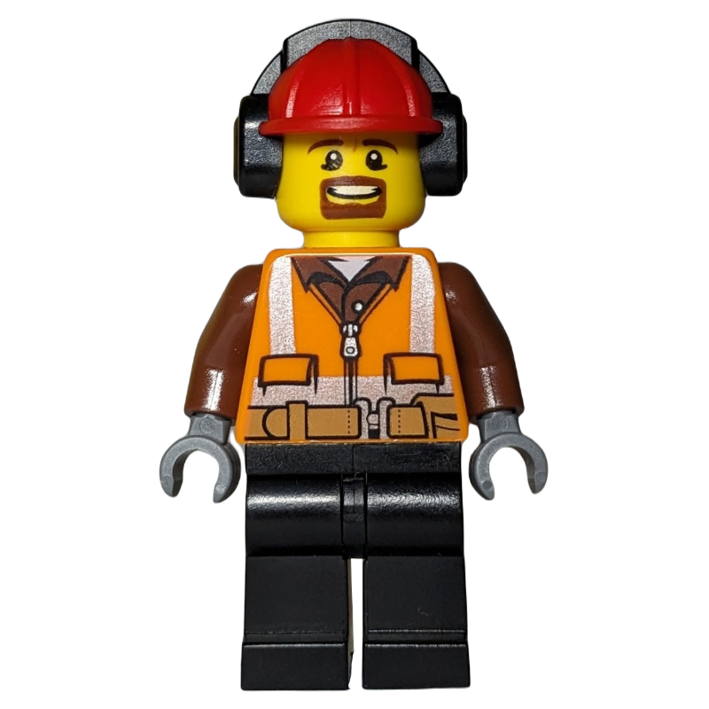 Homme, gilet de sécurité avec ceinture, jambes noires, casque de chantier rouge avec protecteurs d'oreille (Man, Safety Vest with Belt, Black Legs, Red Hard Hat with Ear Defenders)