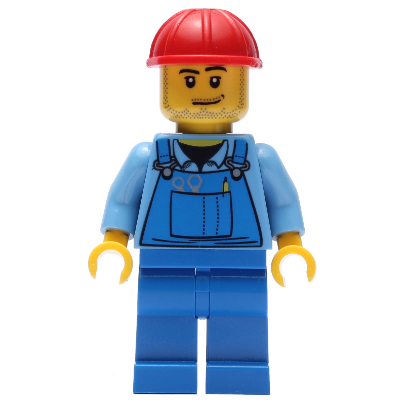 Homme, salopette bleue, casque de chantier rouge, barbe naissante (Man, Blue Overalls, Red Hard Hat, Stubble)