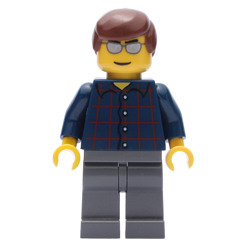 Homme, chemise à carreaux bleu foncé, jambes gris bleuté foncé, lunettes de soleil argentées (Man, Dark Blue Plaid Shirt, Dark Bluish Gray Legs, Silver Sunglasses)