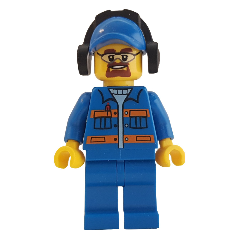 Homme, veste bleue avec rayures orange, jambes bleues, casquette bleue, protecteurs d'oreilles (Man, Blue Jacket with Orange Stripes, Blue Legs, Blue Cap, Ear Defenders)