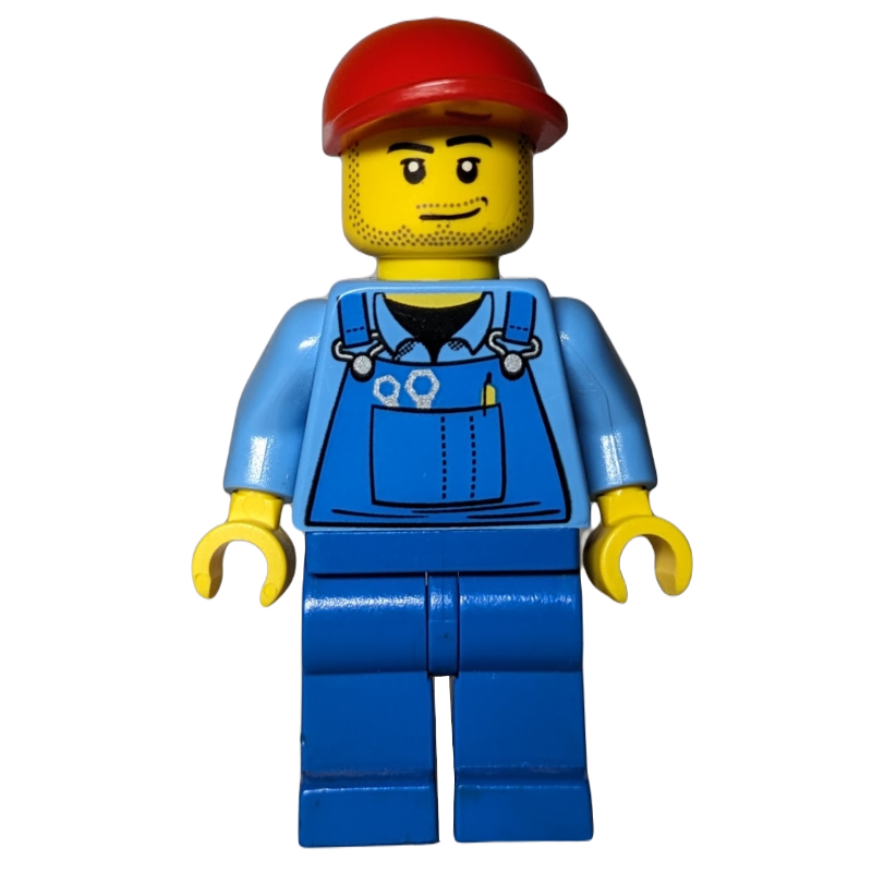 Homme, salopette bleue, casquette rouge, barbe naissante (Man, Blue Overalls, Red Cap, Stubble)