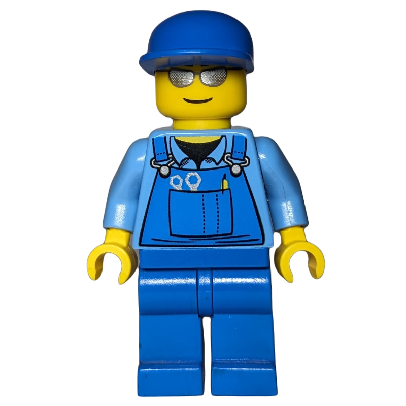 Homme, salopette bleue, casquette bleue, lunettes de soleil argentées (Man, Blue Overalls, Blue Cap, Silver Sunglasses)