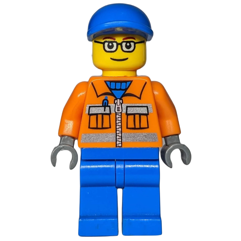 Équipe au sol, veste orange avec fermeture à glissière et rayures réfléchissantes, jambes bleues, casquette bleue, lunettes (Ground Crew, Orange Jacket with Zipper and Reflective Stripes, Blue Legs, Blue Cap, Glasses)