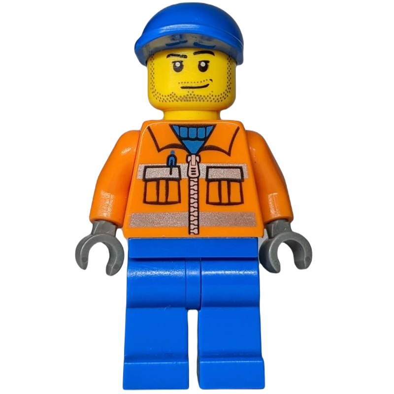 Agent au sol, veste orange avec fermeture à glissière et rayures réfléchissantes, jambes bleues, casquette bleue, barbe naissante (Ground Crew, Orange Jacket with Zipper and Reflective Stripes, Blue Legs, Blue Cap, Stubble)