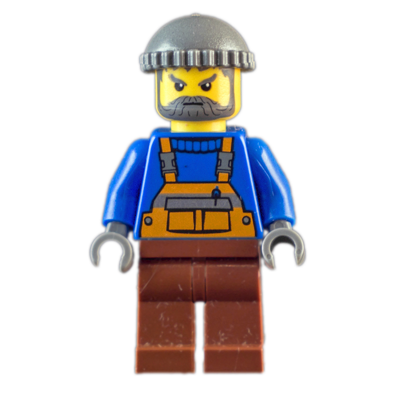 Homme, salopette orange sur pull bleu, jambes brun rougeâtre, chapeau gris bleuâtre foncé, barbe (Man, Orange Overalls over Blue Sweater, Reddish Brown Legs, Dark Bluish Gray Hat, Beard)