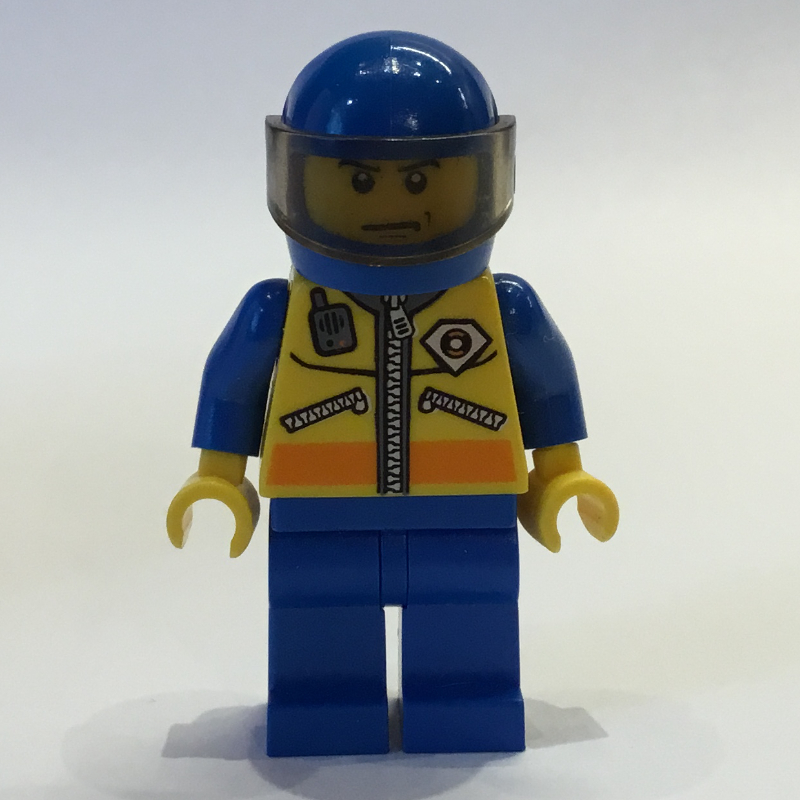 Garde-côte, veste jaune avec fermeture éclair, radio et badge, casque bleu avec visière (Coast Guard, Yellow Jacket with Zipper, Radio and Badge, Blue Helmet with Visor)
