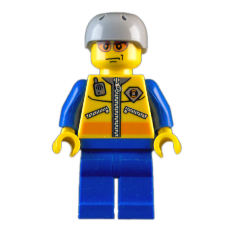 Garde-côte, veste jaune avec fermeture à glissière, radio et badge, casque gris bleuté clair, lunettes de soleil orange (Coast Guard, Yellow Jacket with Zipper, Radio and Badge, Light Bluish Gray Helmet, Orange Sunglasses)