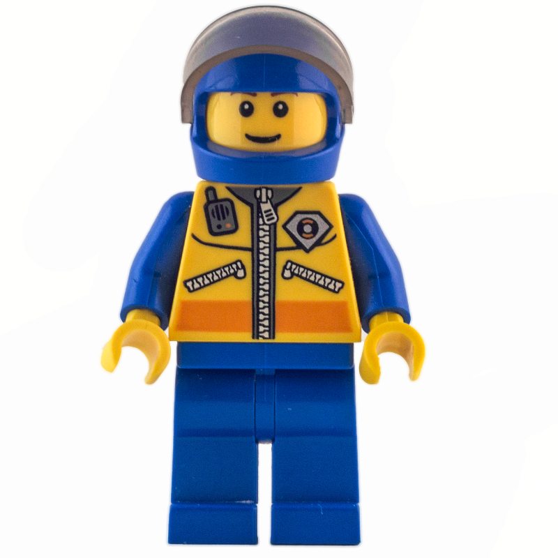 Garde-côte, veste jaune avec fermeture éclair, radio et badge, casque bleu avec visière, sourcils bruns (Coast Guard, Yellow Jacket with Zipper, Radio and Badge, Blue Helmet with Visor, Brown Eyebrows)