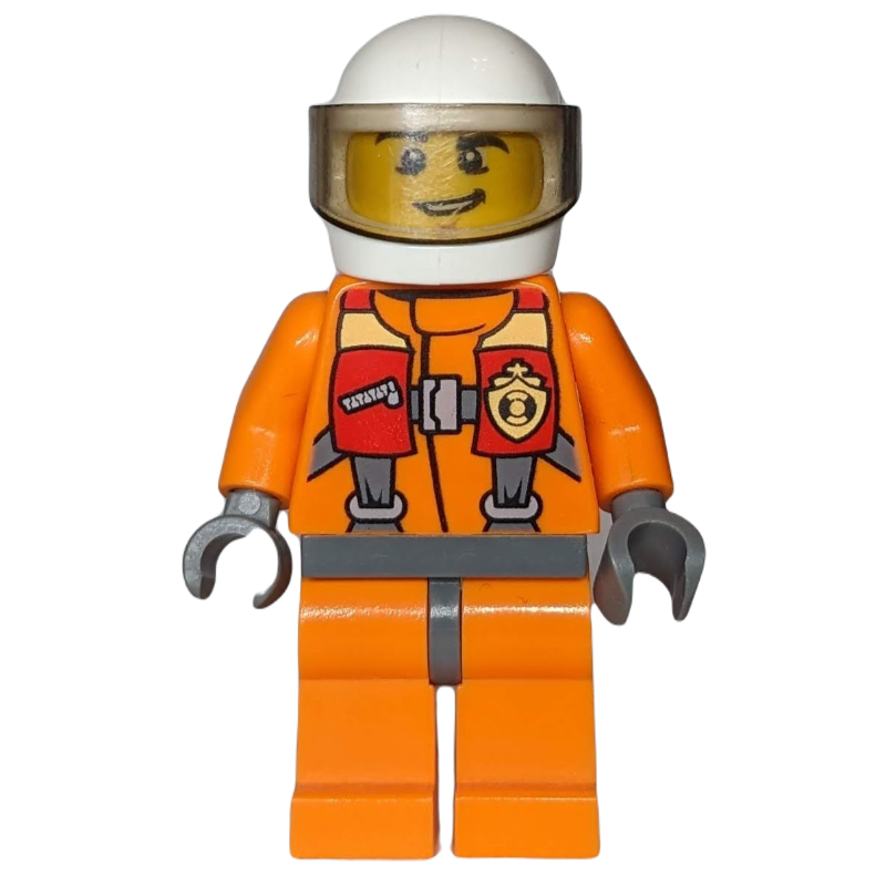 Garde-côte, combinaison orange, casque blanc avec visière (Coast Guard, Orange Jumpsuit, White Helmet with Visor)