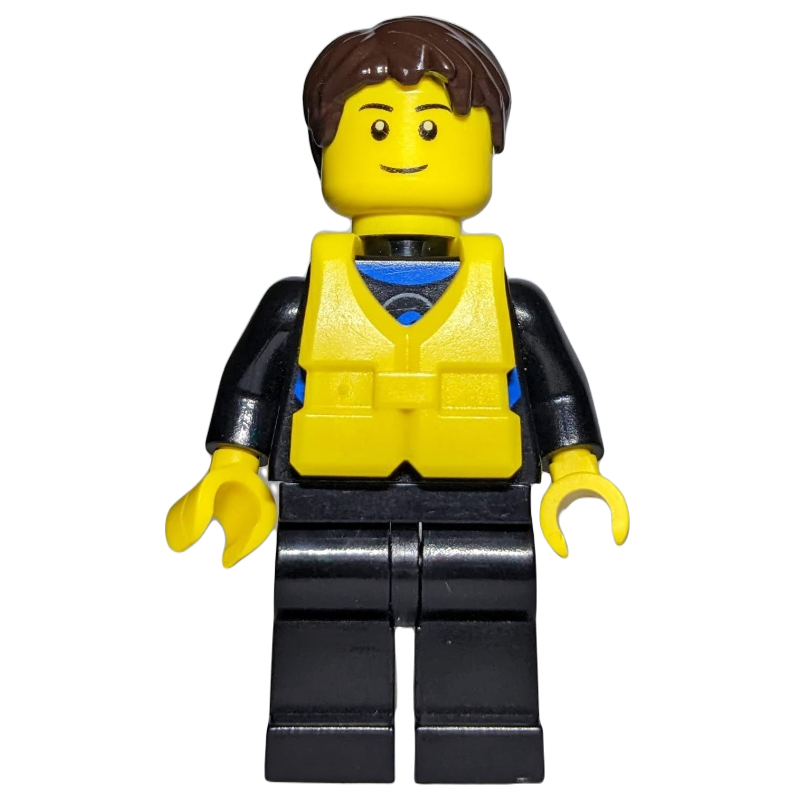 Homme, combinaison noire, gilet de sauvetage jaune (Man, Black Wetsuit, Yellow Life Vest)