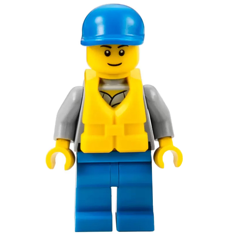 Garde côtière, chemise gris bleuté clair avec badge, casquette bleue, gilet de sauvetage jaune (Coast Guard, Light Bluish Gray Shirt with Badge, Blue Cap, Yellow Life Vest)