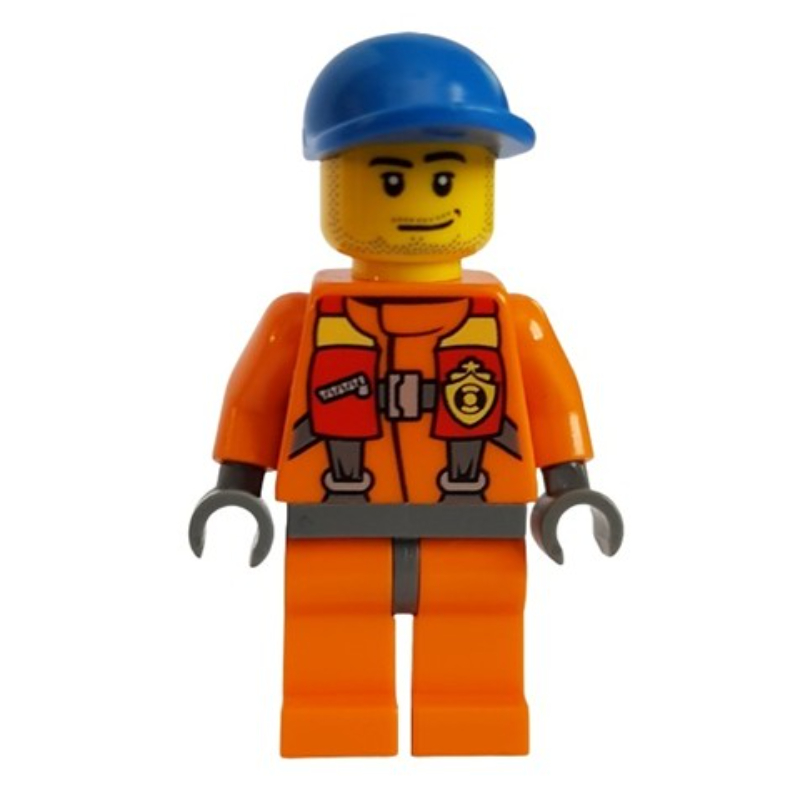 Garde-côte, combinaison orange, casquette bleue, barbe naissante (Coast Guard, Orange Jumpsuit, Blue Cap, Stubble)