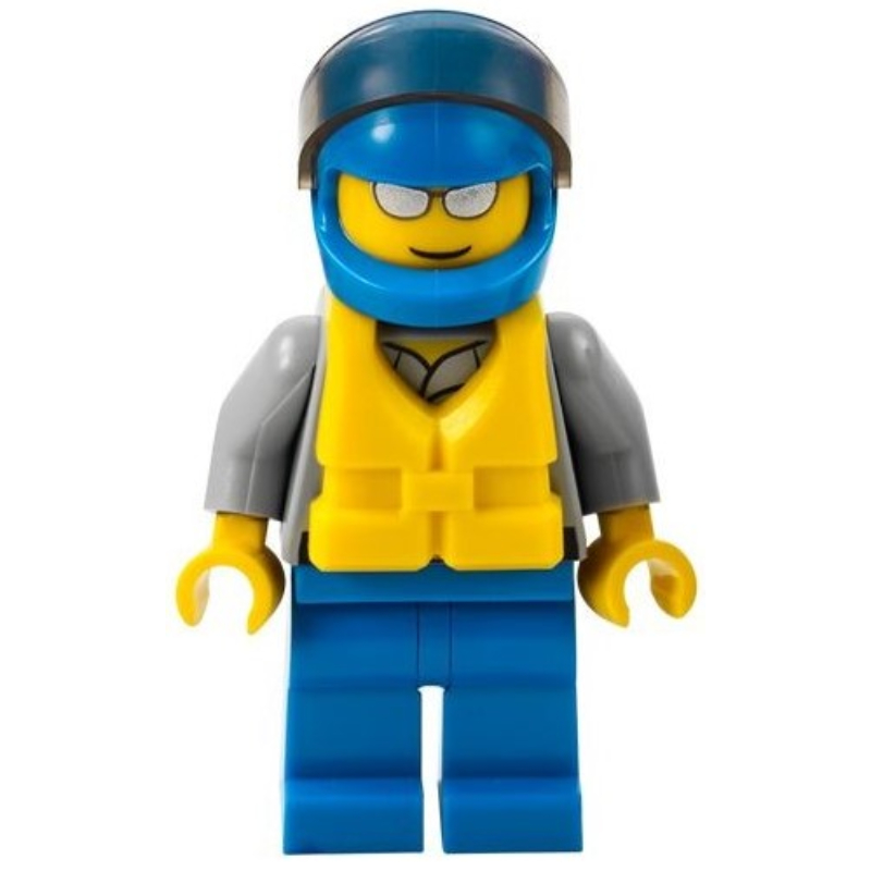 Garde-côte, chemise gris clair bleuté avec badge, casque bleu avec visière, gilet de sauvetage jaune, lunettes de soleil argent (Coast Guard, Light Bluish Gray Shirt with Badge, Blue Helmet with Visor, Yellow Life Vest, Silver Sunglasses)