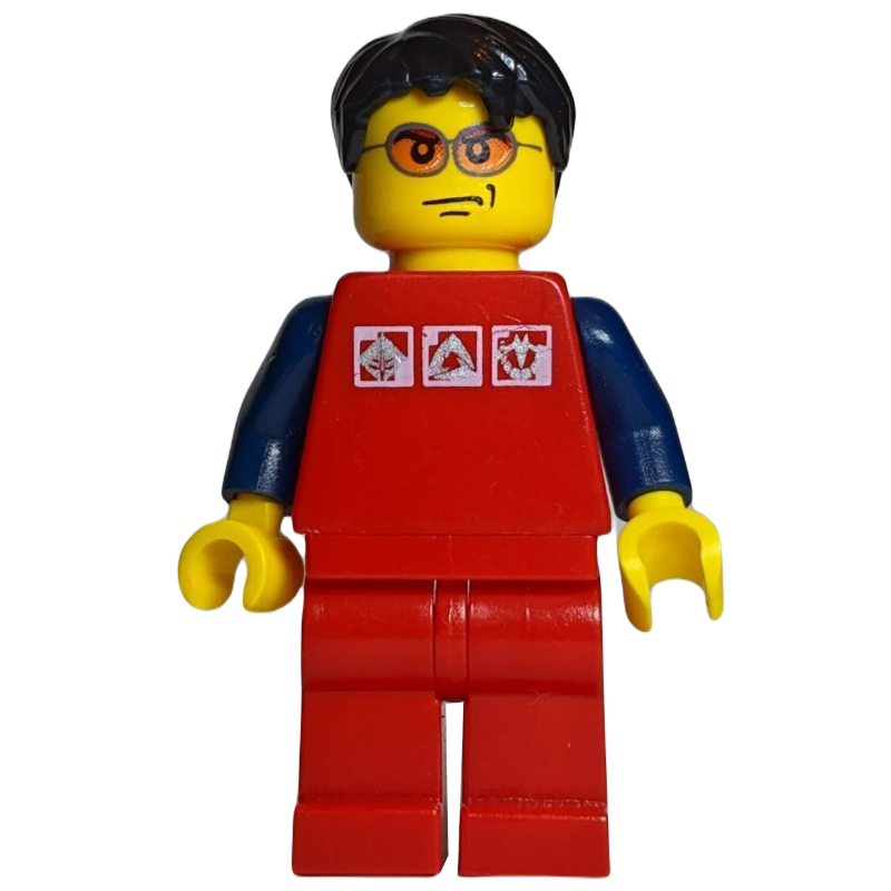 Homme, chemise rouge avec bras bleu foncé, jambes rouges, cheveux noirs, lunettes de soleil orange (Man, Red Shirt with Dark Blue Arms, Red Legs, Black Hair, Orange Sunglasses)
