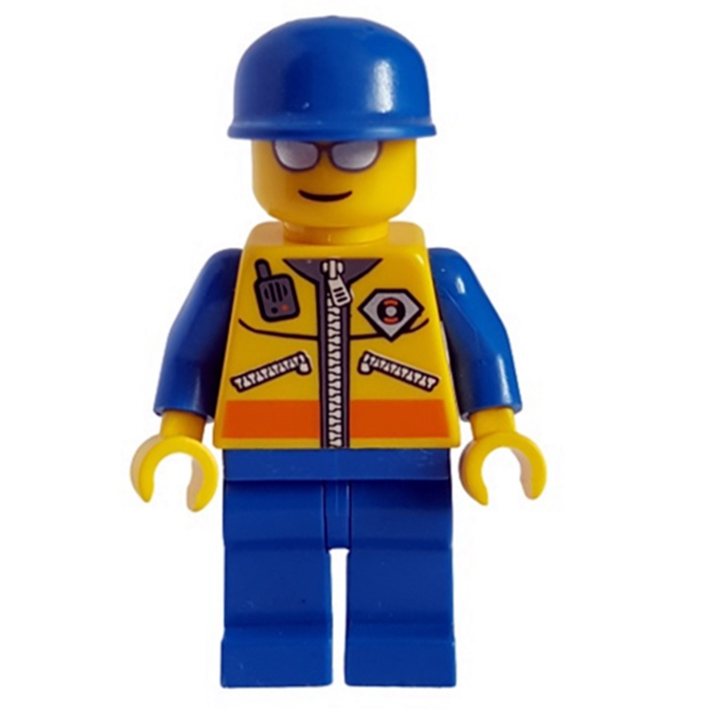 Garde-côte, veste jaune avec fermeture éclair, radio et badge, casquette bleue, lunettes de soleil argentées (Coast Guard, Yellow Jacket with Zipper, Radio and Badge, Blue Cap, Silver Sunglasses)
