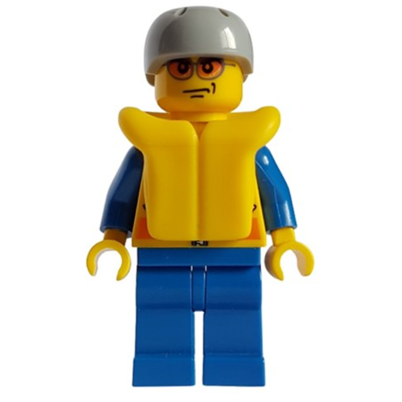 Garde côtière, veste jaune avec fermeture à glissière, radio et badge, casque gris bleuté clair, gilet de sauvetage jaune, lunettes de soleil orange (Coast Guard, Yellow Jacket with Zipper, Radio and Badge, Light Bluish Gray Helmet, Yellow Life Vest, Orange Sunglasses)