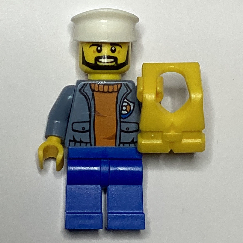 Garde-côte, veste ouverte bleu sable avec badge sur pull orange, chapeau blanc, gilet de sauvetage jaune, barbe (Coast Guard, Open Sand Blue Jacket with Badge over Orange Sweater, White Hat, Yellow Life Vest, Beard)