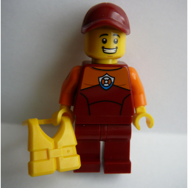Garde-côte, combinaison de plongée rouge foncé, casquette rouge foncé, gilet de sauvetage jaune (Coast Guard, Dark Red Wetsuit, Dark Red Cap, Yellow Life Vest)