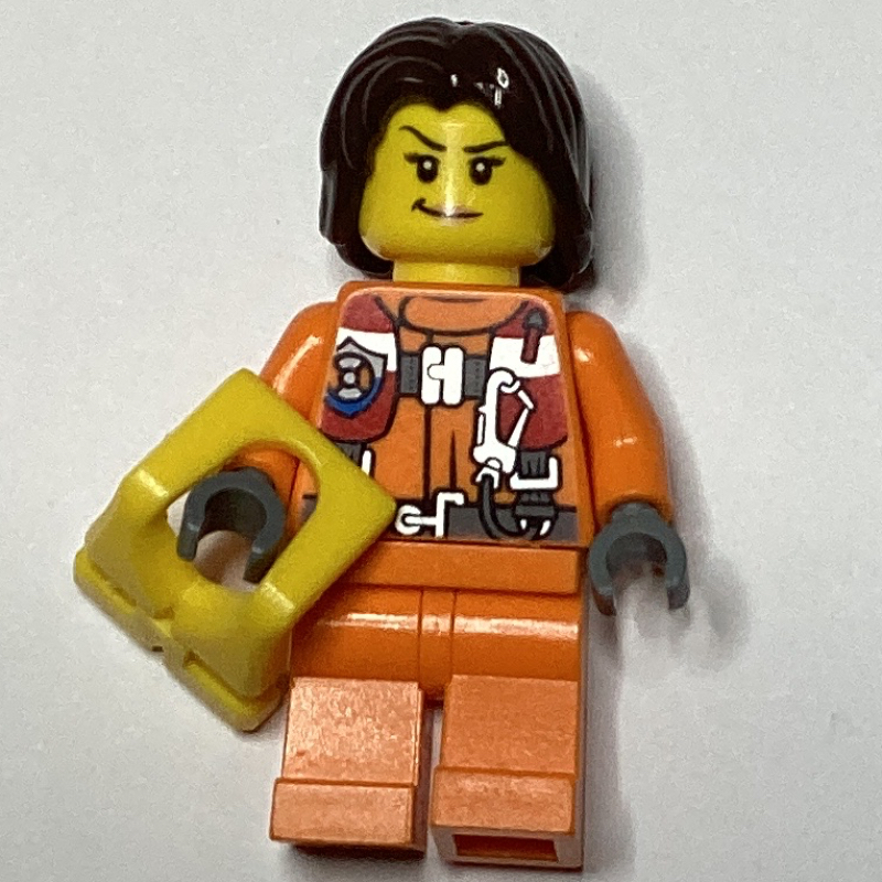 Garde côtière, femme, combinaison orange, gilet de sauvetage jaune, cheveux brun foncé (Coast Guard, Woman, Orange Jumpsuit, Yellow Life Vest, Dark Brown Hair)