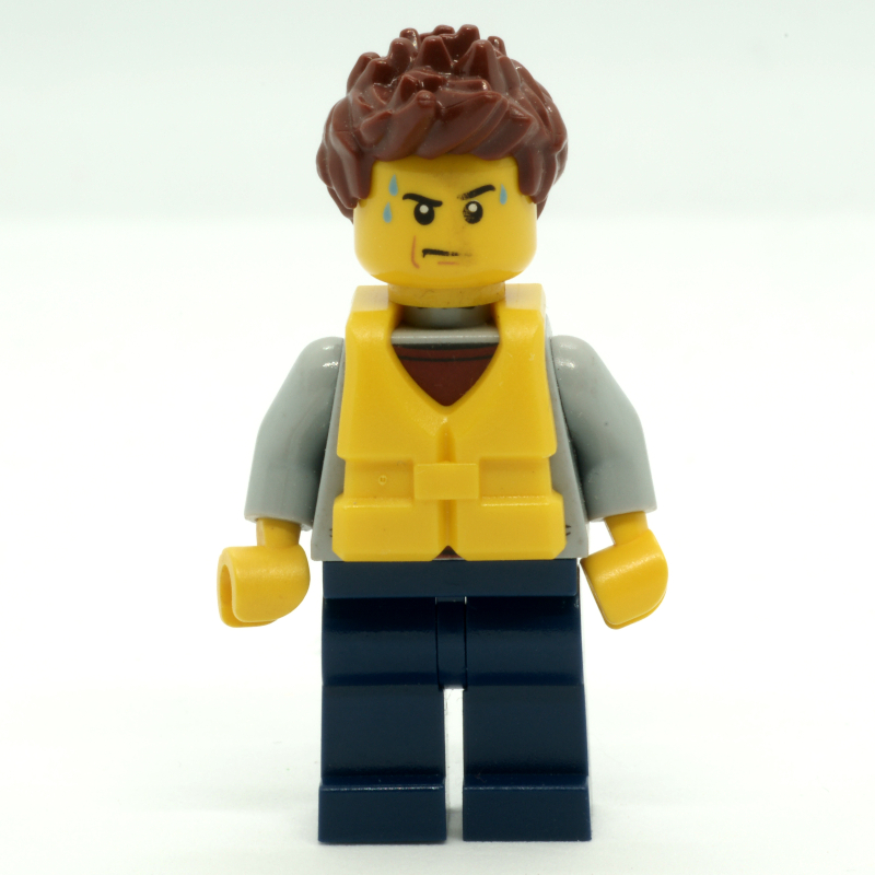 Homme, sweat à capuche gris bleuté clair sur chemise rouge foncé, jambes bleu foncé, gilet de sauvetage jaune (Man, Light Bluish Gray Hoodie over Dark Red Shirt, Dark Blue Legs, Yellow Life Vest)