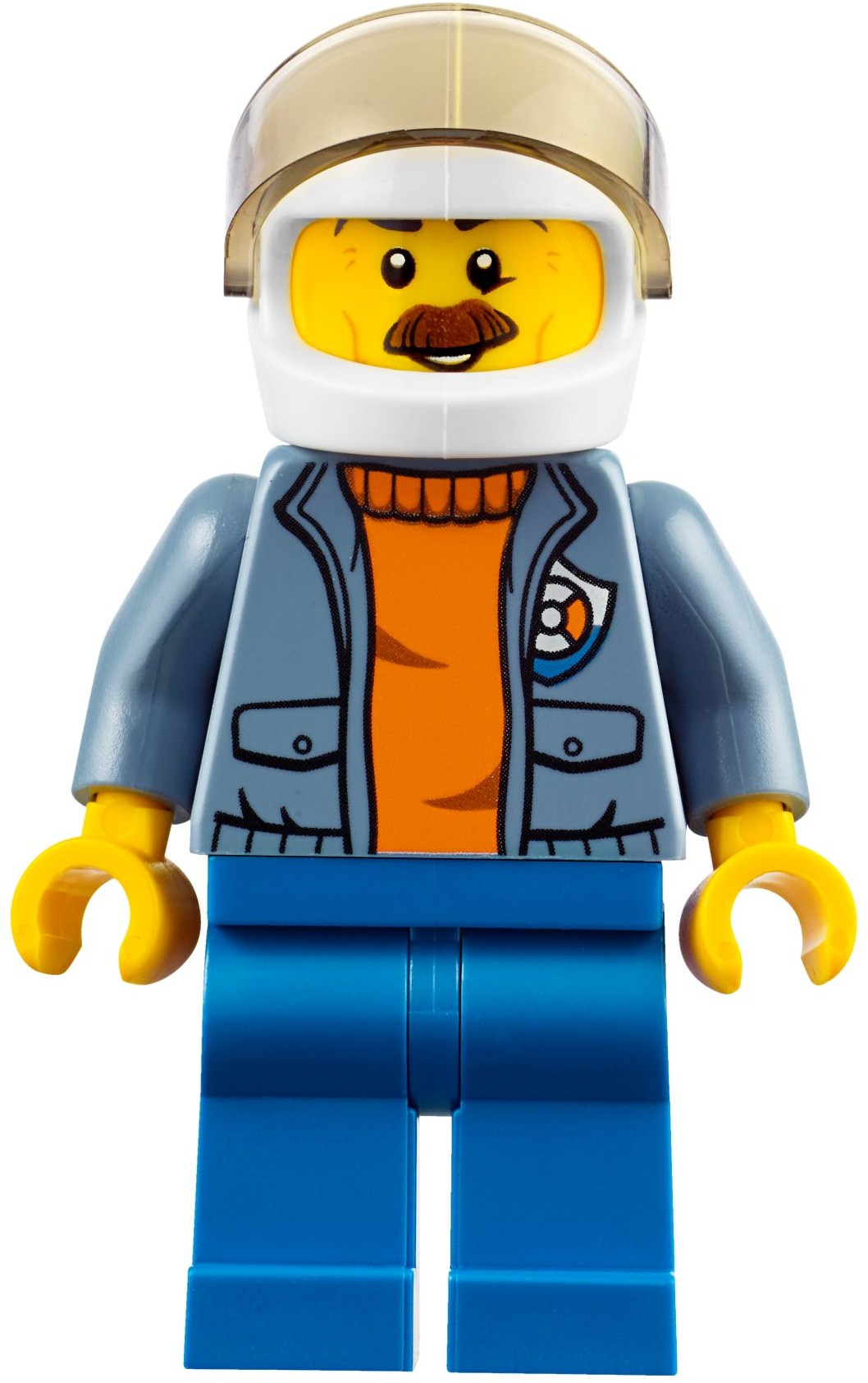 Garde-côte, veste ouverte bleu sable avec badge sur pull orange, casque blanc avec visière, moustache (Coast Guard, Open Sand Blue Jacket with Badge over Orange Sweater, White Helmet with Visor, Moustache)