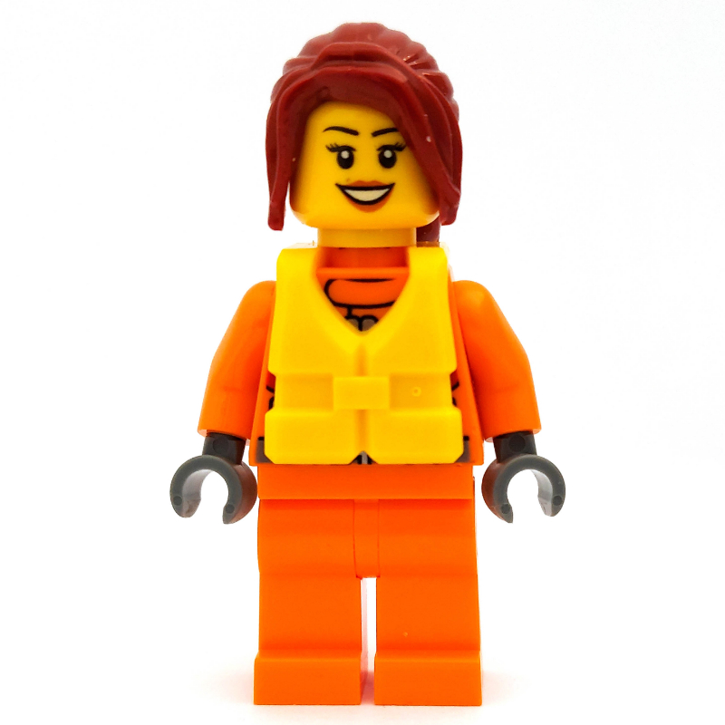 Garde-côte, femme, combinaison orange, gilet de sauvetage jaune, cheveux rouge foncé (Coast Guard, Woman, Orange Jumpsuit, Yellow Life Vest, Dark Red Hair)