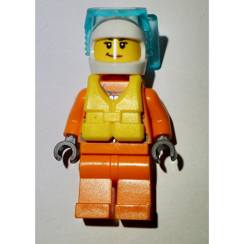 Garde-côte, femme, combinaison orange, casque blanc avec masque de plongée, gilet de sauvetage jaune (Coast Guard, Woman, Orange Jumpsuit, White Helmet with Diving Mask, Yellow Life Vest)
