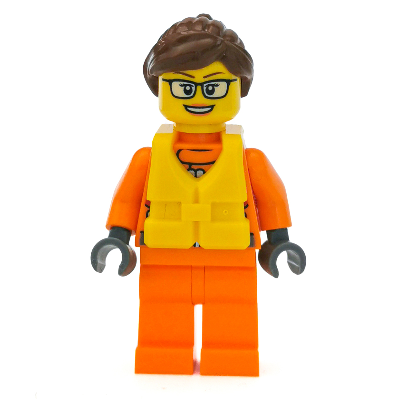Garde-côte, femme, combinaison orange, gilet de sauvetage jaune, cheveux brun rougeâtre, lunettes (Coast Guard, Woman, Orange Jumpsuit, Yellow Life Vest, Reddish Brown Hair, Glasses)