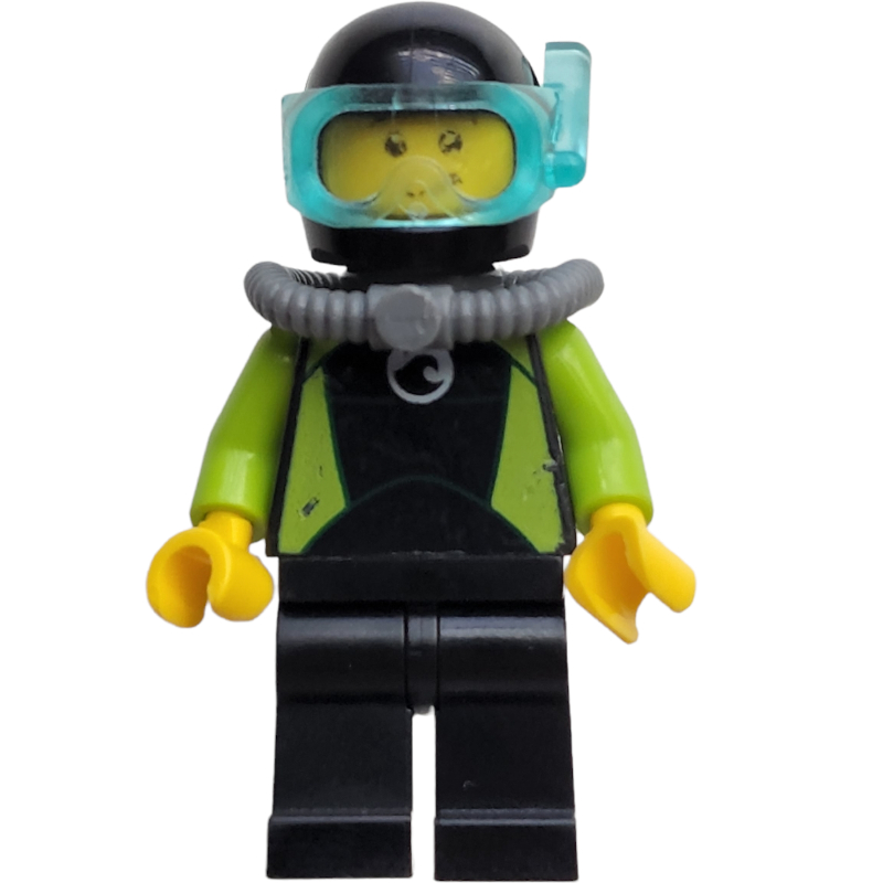 Plongeur des garde-côtes, combinaison de plongée noire et vert citron, casque noir, bouteille d’air, masque (Coast Guard Diver, Black and Lime Wetsuit, Black Helmet, Airtank, Mask)