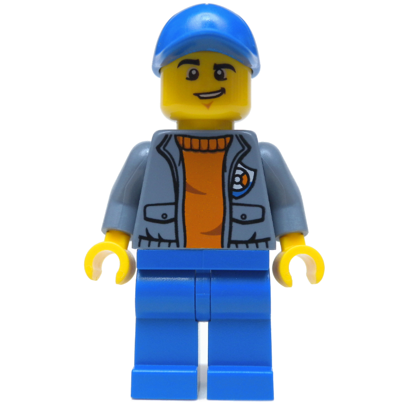 Garde-côte, veste ouverte bleu sable avec badge sur pull orange, casquette bleue (Coast Guard, Open Sand Blue Jacket with Badge over Orange Sweater, Blue Cap)
