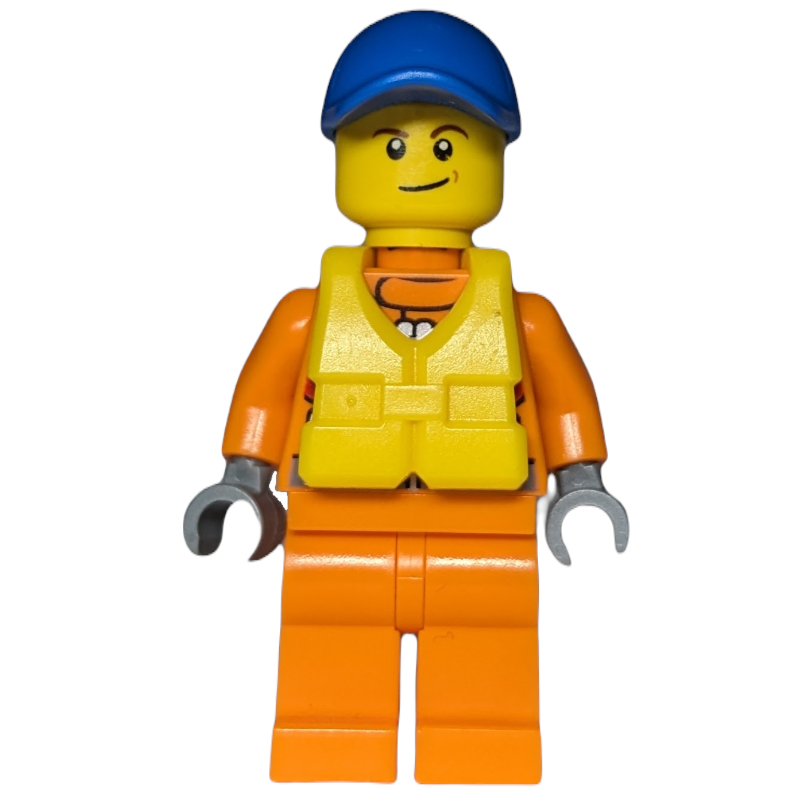 Garde-côte, combinaison orange, casquette bleue, gilet de sauvetage jaune (Coast Guard, Orange Jumpsuit, Blue Cap, Yellow Life Vest)