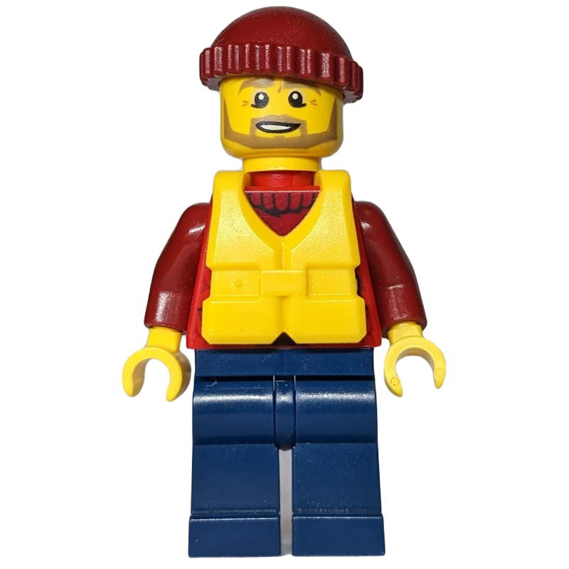 Homme, veste rouge ouvert sur pull rouge foncé, chapeau rouge foncé, gilet de sauvetage jaune, barbe (Man, Open Red Jacket over Dark Red Sweater, Dark Red Hat, Yellow Life Vest, Beard)