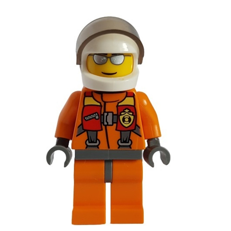 Garde côtière, combinaison orange, casque blanc avec visière, lunettes de soleil argentées (Coast Guard, Orange Jumpsuit, White Helmet with Visor, Silver Sunglasses)