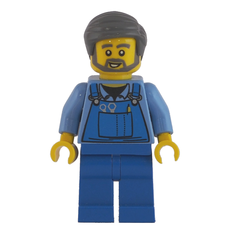 Homme, salopette bleue sur chemise, jambes bleues, cheveux gris bleuâtre foncé, barbe (Man, Blue Overalls over Shirt, Blue Legs, Dark Bluish Gray Hair, Beard)