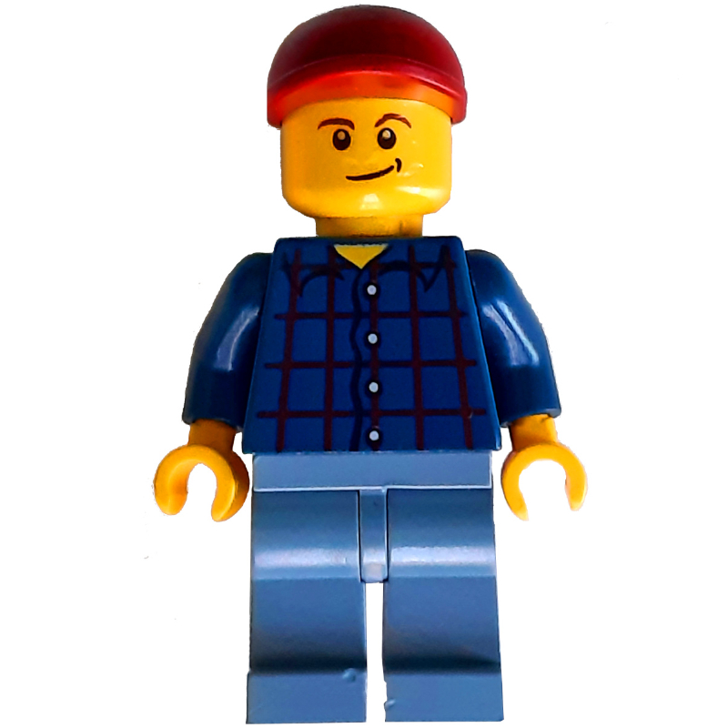 Homme, chemise à carreaux bleu foncé, jambes bleu sable, casquette rouge foncé (Man, Dark Blue Plaid Shirt, Sand Blue Legs, Dark Red Cap)