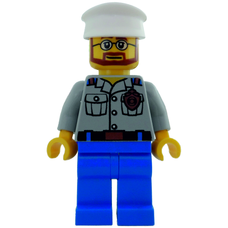 Capitaine de navire de la garde côtière, chemise gris bleuté clair avec badge, chapeau blanc, barbe et lunettes (Coast Guard Ship Captain, Light Bluish Gray Shirt with Badge, White Hat, Beard and Glasses)