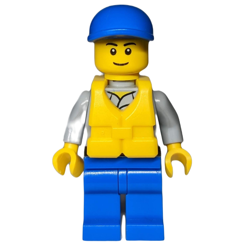 Garde côtière, chemise gris bleuté clair avec badge, casquette bleue, gilet de sauvetage jaune (Coast Guard, Light Bluish Gray Shirt with Badge, Blue Cap, Yellow Life Vest)